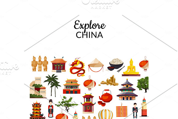 Vector Flat Style China Elements And Sights Illustration