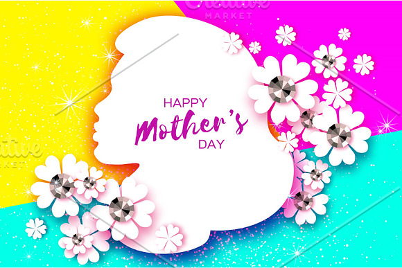 Silhouette Of A Mother In Paper Cut Style Happy Mothers Day Celebration Bright Origami Flowers With Brilliant Stones Spring Blossom On Colorful Space For Text