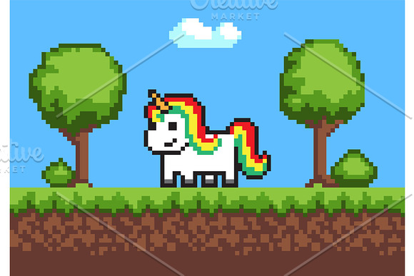 Cheerful Pixel Poney Horse On Cute Green Meadow