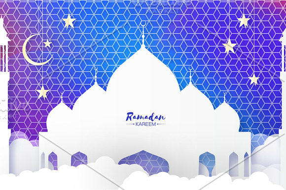 Ramadan Kareem Arabic Mosque Clouds White Stars In Paper Cut Style Arabesque Pattern Crescent Moon Holy Month Of Muslim Symbol Of Islam Origami Greeting Card On Sky Blue