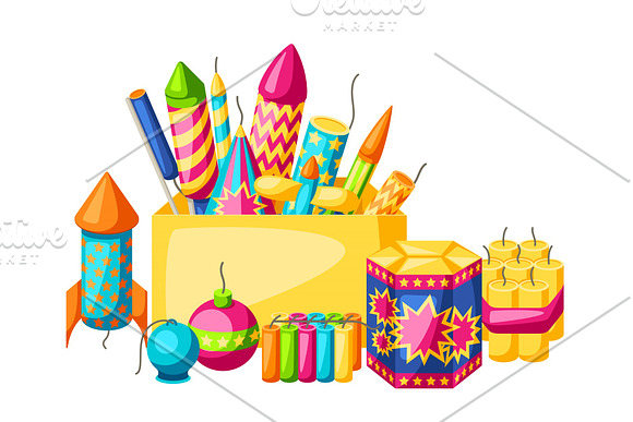 Background With Colorful Fireworks Different Types Of Pyrotechnics Salutes And Firecrackers