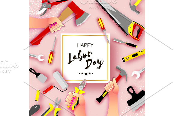 Happy Labor Day Greetings Card For National International Holiday Hands Workers Holding Tools In Paper Cut Styl On Sky Pink Square Frame Space For Text