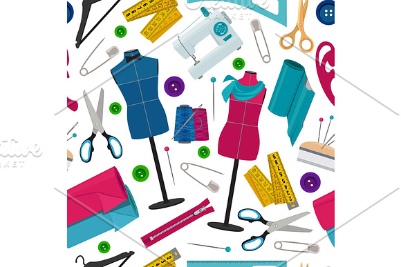 Seamless Pattern For Tailor Shop With Different Sewing Tools