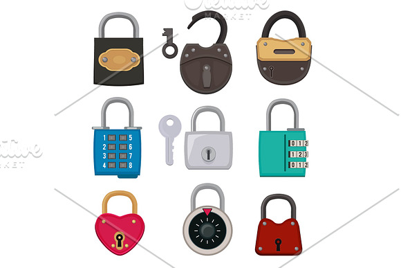 Different Types Of Antique Padlocks Isolate On White Safeguard Concept Illustrations