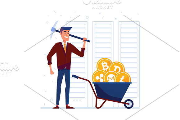 Man With Pickaxe And Barrow Full Of Crypto Coins