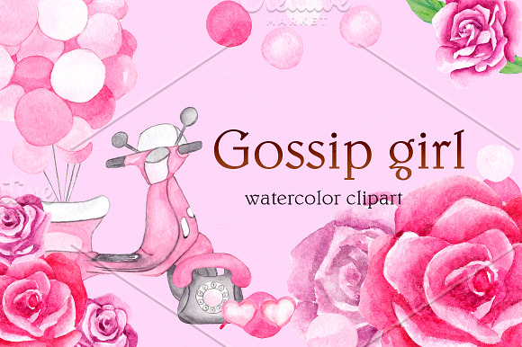 Watercolor clipart "Gossip girl" in Illustrations