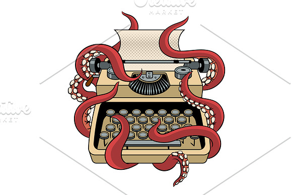 Typewriter With Octopus Tentacles Pop Art Vector