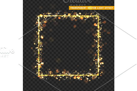 Gold Frame With Glowing Lights And Sparkle Bokeh Effects Isolated On Transparent Background