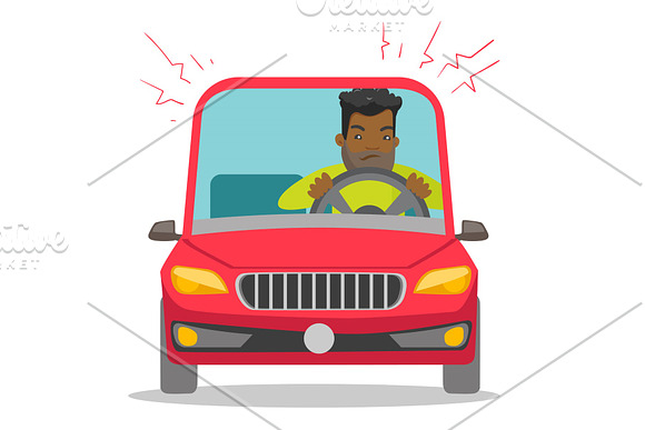 Angry Black Man In Car Stuck In Traffic Jam