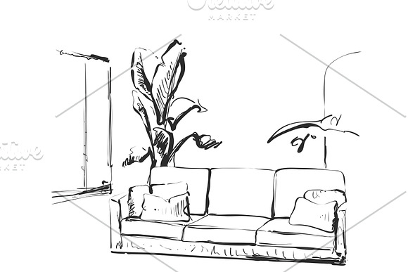 Contemporary Modern Interior Hand Drawing Vector Illustration