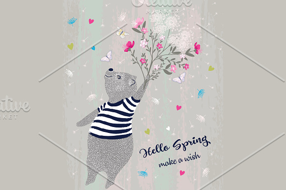 Cute Bear Vector-Hello Spring Slogan