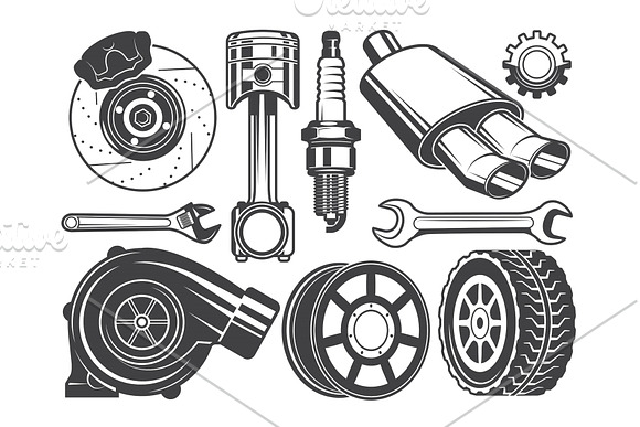 Monochrome Pictures Of Engine Turbocharger Cylinder And Other Automobile Tools