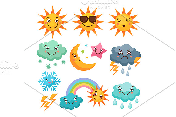 Cartoon Weather Icons Set Funny Pictures Isolate On White Background