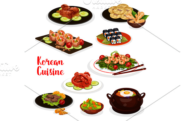 Korean Cuisine Icon With Fish And Meat Dish