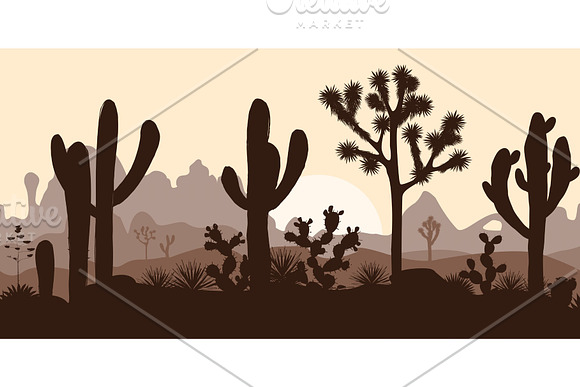 Desert Seamless Pattern With Joshua Trees Opuntia And Saguaro