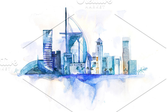 Skyline Of Dubai Cityscape Landmark Skyline Watercolor Illustration