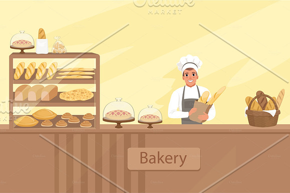 Bakery Shop Illustration With Baker Character Next To A Showcase With Pastries Young Man Standing Behind The Counter Vector Store Background With Design Elements Set