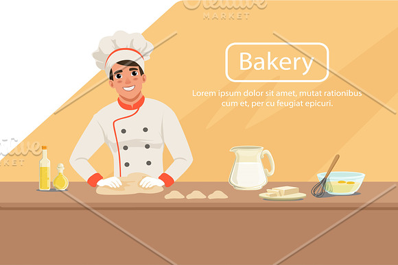 Illustration With Man Baker Character Kneading Dough On The Table With Products Male In Uniform Chef S Hat And Apron At Work Bakery Shop Background Flat Vector