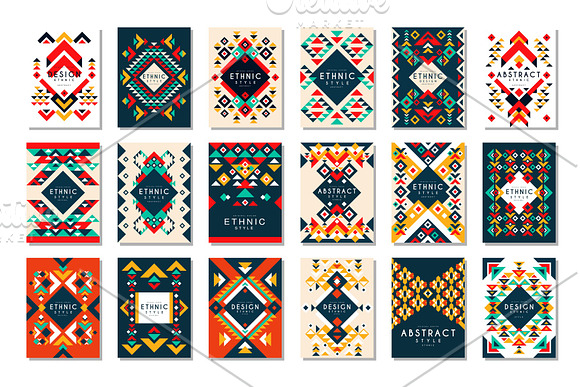 Colorful Vector Set Of 9 Card Templates With Geometric Shapes Abstract Ethnic Pattern Elements For Brochure Flyer Or Poster In Trendy Flat Style