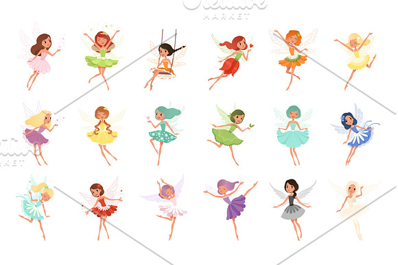 Colorful Set Of Fairies In Flying Action Little Creatures With Colorful Hair And Wings Mythical Fairy Tale Characters In Cute Dresses Flat Vector Design