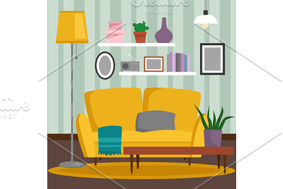 VIP Vintage Interior Furniture Rich Wealthy House Room With Sofa Set Brick Wall Background Vector Illustration