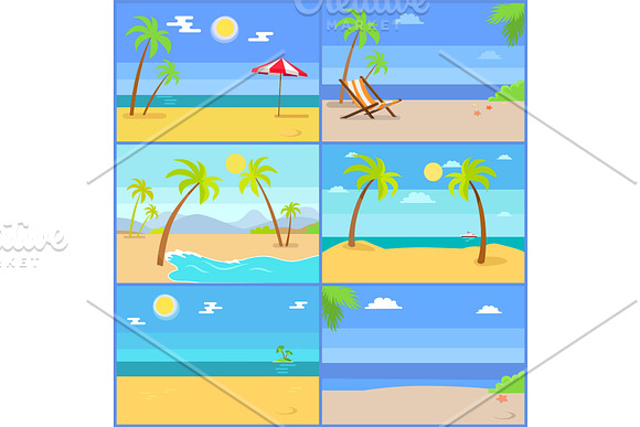 Set Tropical Coastline Views Vector Illustrations