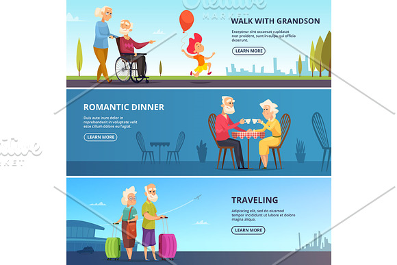 Horizontal Banners Set With Illustrations Of Elderly Couples In Various Situations