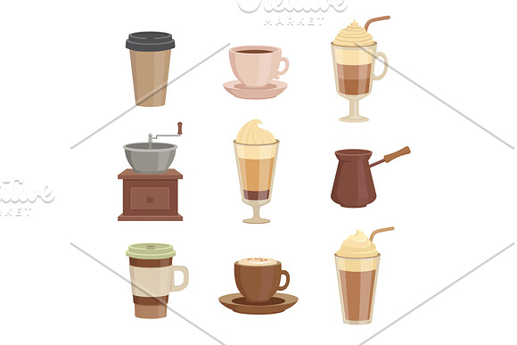 Various Sorts Of Coffee Cups In Cartoon Style