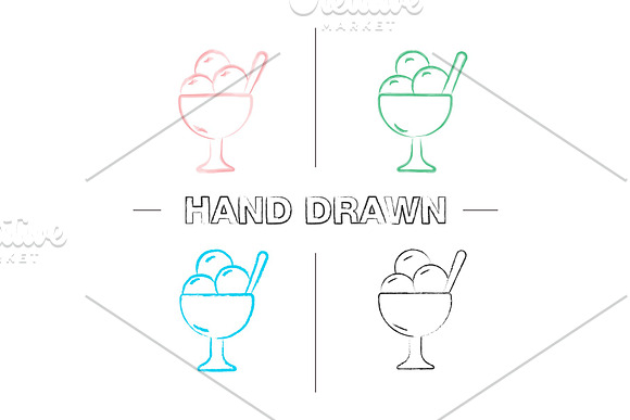 Ice Cream In Bowl Hand Drawn Icons Set