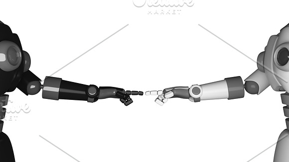 Robot Hands Pointing To Each Other Isolated On Black Background In Futuristic Technology Concept 3D Illustration