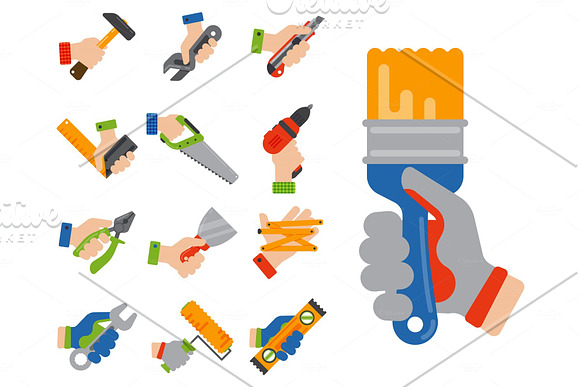 Hands With Construction Tools Worker Equipment House Renovation Handyman Vector Illustration