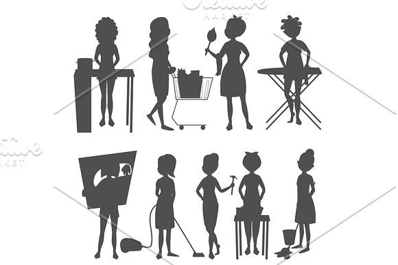 Housewifes Homemaker Woman Silhouette Cute Cleaning Cartoon Girl Housewifery Female Wife Character Vector Illustration