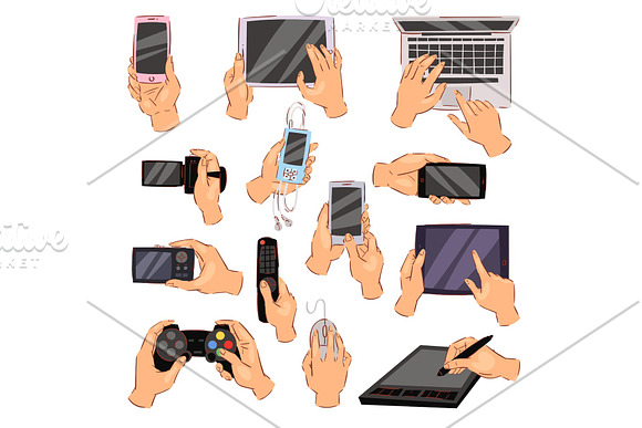 Hands With Gadgets Vector Hand Holding Phone Or Camera Illustration Set Of Character Working On Digital Devices Laptop Or Tablet And Playing In Gamepad Isolated On White