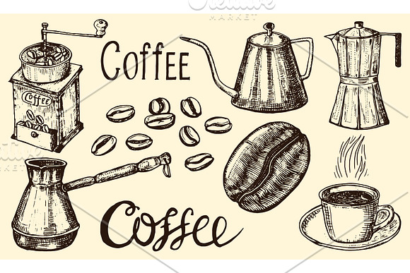 Traditional Filter Coffee Maker Modern Vintage Elements Percolator Plants Grain And Kettle For The Shop Menu Vector Illustration Engraved Hand Drawn In Old Sketch For Card Badges Labels