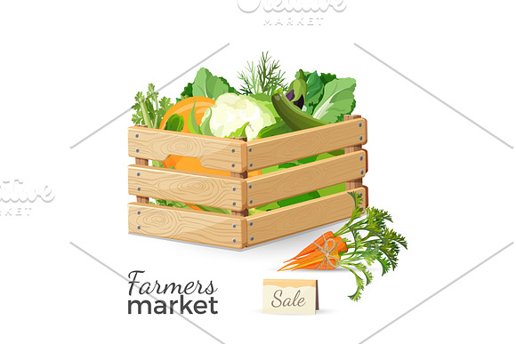 Sale At Farmers Market Promo Poster With Vegetables In Wooden Box