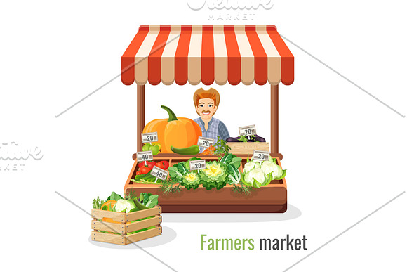 Farmers Market Promo With Man At Counter Full Of Vegetables