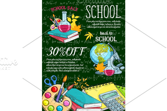 School Supplies And Item Sale Banner On Chalkboard