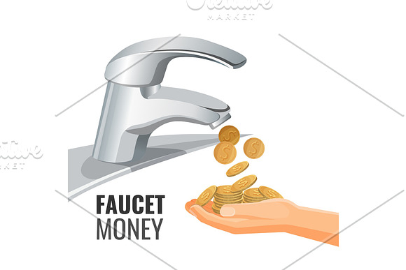 Faucet Money Promo Banner With Golden Coins From Tap