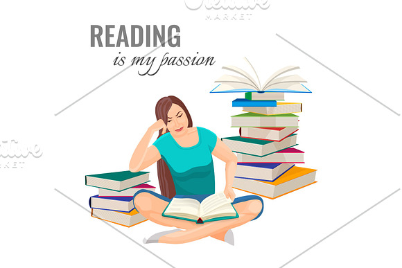 Reading My Passion Poster With Woman Among Book Piles
