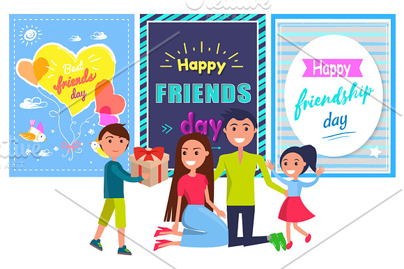 Friends Day Banner With Boy Giving Present Parents