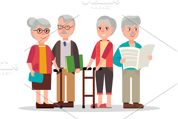 Cute Elderly Couples With Books And Newspaper