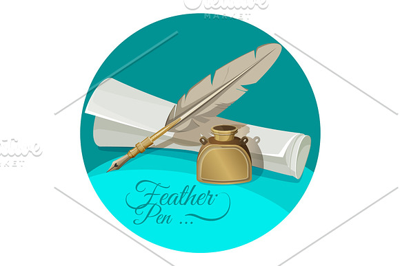 Feather Pen And Inkwell Near Paper Manuscript Vector Illustration
