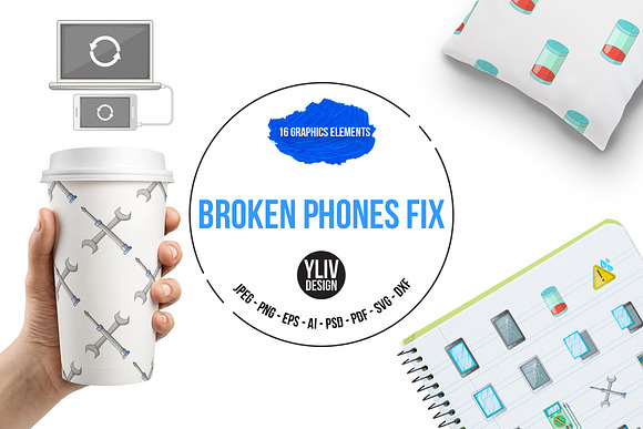 Broken Phones Fix Icons Set Cartoon