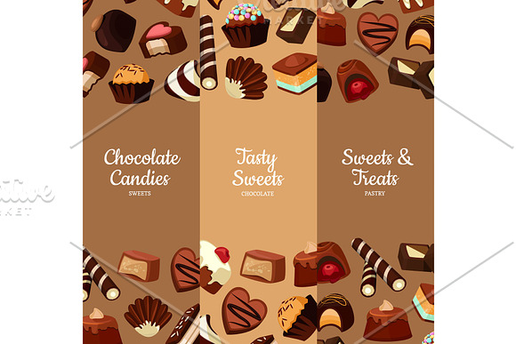 Vector Vertical Banners Illustration With Cartoon Chocolate Candies