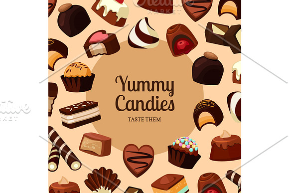 Vector Background With Place For Text And Cartoon Chocolate Candies