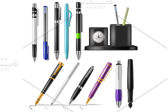 Pen Vector Office Fountainpen Or Business Ballpoint Ink And Sign Of Writing Tools Illustration Set Of School Stationery To Write Isolated On White Background