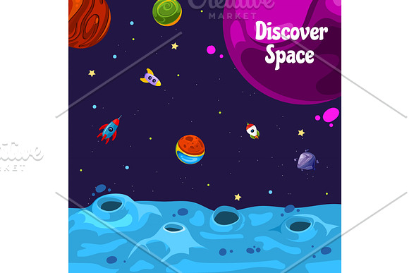 Vector Background With Place For Text With Cartoon Space Planets And Ships