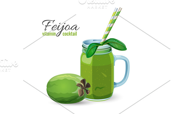 Feijoa Fresh Fruit Cocktail In Glass Jar Vector Illustration