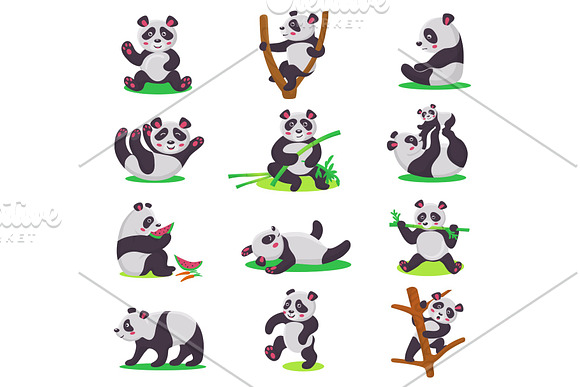Panda Kid Vector Bearcat Character Or Chinese Bear Child Playing Or Eating Bamboo Illustration Set Of Cartoon Giant Panda Isolated On White Background