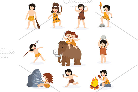 Caveman Kids Vector Primitive Children Character And Prehistoric Child With Stoned Weapon On Mammoth Illustration Set Of Ancient Boy Or Girl In Stone Age Isolated On White Background